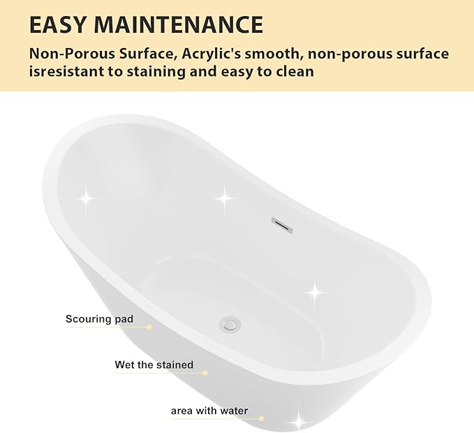 Logmey 59 Inch Freestanding Bathtub White Acrylic Oval Shape Soaking Tub with Chrome Drain & Overflow Assembly for Classic and Modern Bathrooms