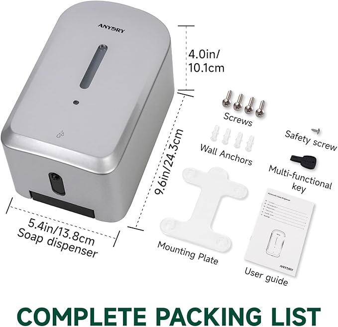 Commercial Automatic Soap Dispenser Large 34oz/1000ml Capacity Wall-Mounted Touchless Liquid Dispenser for High-Traffic Restrooms, Offices, Hospitals Model AD1220S Silver