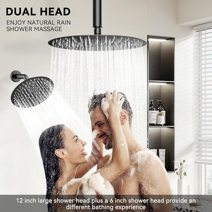 Shower Systems Shower Faucet Sets STARBATH 3 Way 12+6" Round Dual Rainfall Shower Head with Handheld Spray Combo, Ceiling Mounted Rain Shower Valve with 5 Diverter and Trim Kit Complete, Matte Black