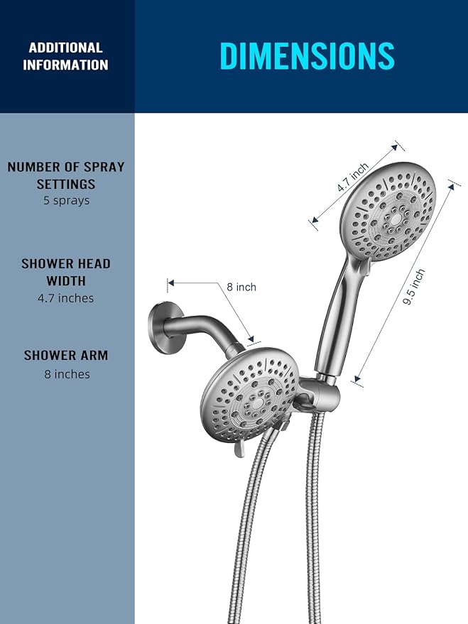 Cobbe 48-Setting High Pressure 3-Way Shower Head Combo, Hand Held Shower & Rain Shower Separately or Together, 4.7" Dual 2 in 1 Showerhead with Hose - Brushed Nickel - U.S. Invention Patents