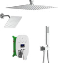 Shower System Chrome Shower Set, Push Button Shower Faucet with 2 Rain Shower Head(12+8 inch), Handheld Shower, with Digital Temperature Display Function