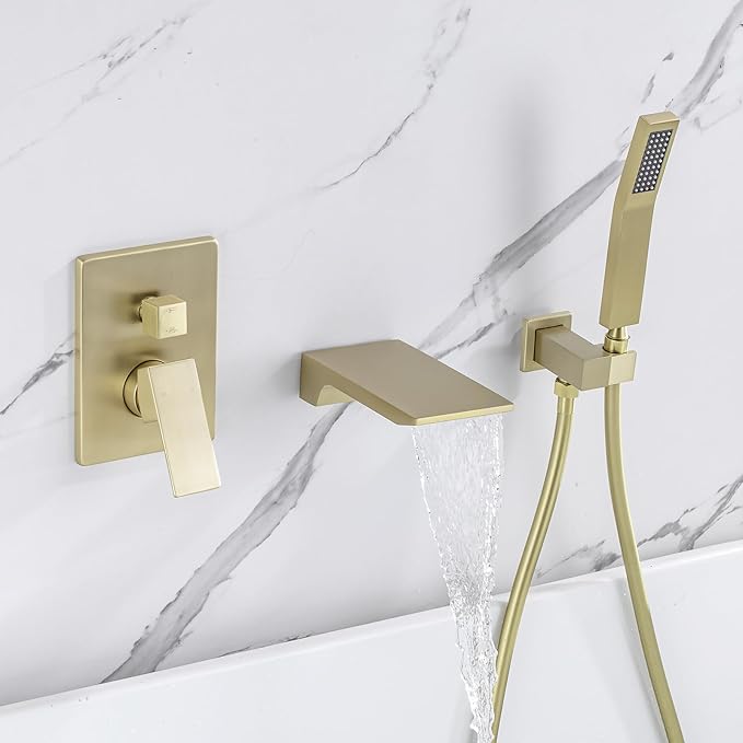 Wall Mount Roman Tub Filler Faucet Single Handle Bathroom Bathtub Faucet with Hand Sprayer Waterfall Tub Faucet with Hand Shower, Brushed Gold