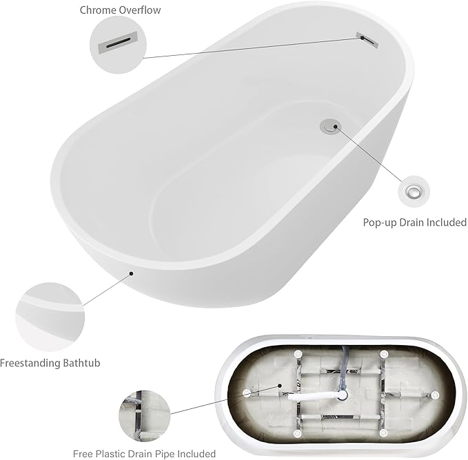 Logmey 59 Inch White Acrylic Freestanding Bathtub with Overflow Oval Shape Soaking Tub with Chrome Drain Assembly for Modern Classic Bathrooms