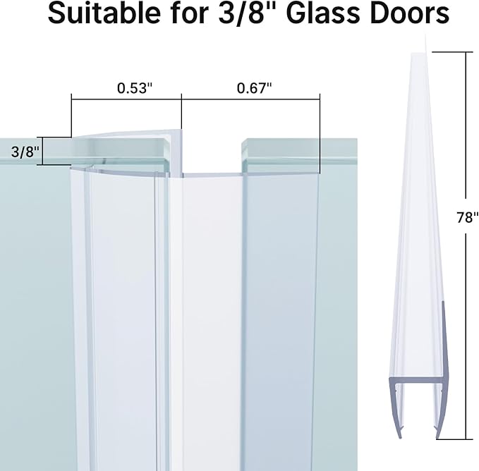 AmazerBath Shower Door Side Seal Strip (Set of 2), Frameless Glass Shower Door Seal Strip - Suitable for 3/8 Inch Glass, 78 inch