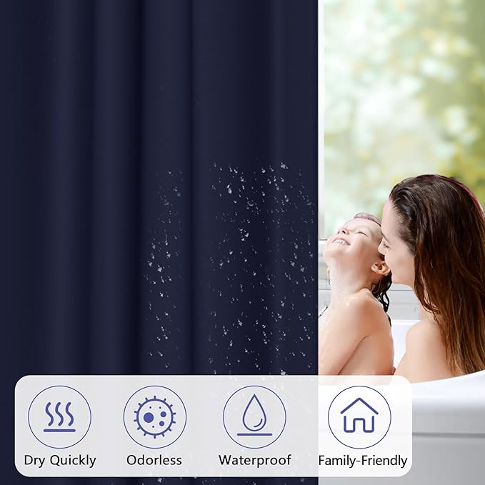 Navy Blue Fabric Shower Curtain Liner with 3 Large Magnets, 72 x 84 inch Extra Long Waterproof Cloth Shower Liner, Bathroom Dark Blue Tall Shower Curtain Machine Washable
