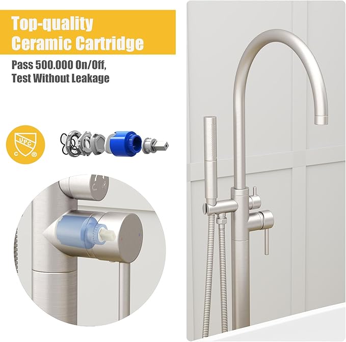 BESy Freestanding Bathtub Faucet Tub Filler Free Standing Floor Mount Stand Brass Bathroom Tub Faucets Sets with 2 Function Hand Sprayer Shower Wand Swivel Spout, Brushed Nickel Finish