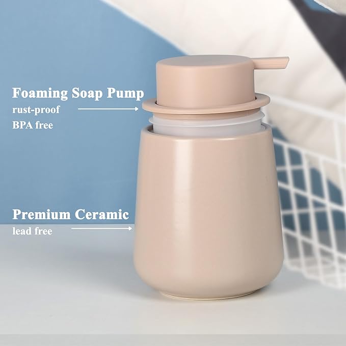 BosilunLife Foam Hand Soap Dispenser - 12 oz Bathroom Lotion Pump for Kitchen and Hand Wash - Khaki Ceramic Dish Liquid Dispenser