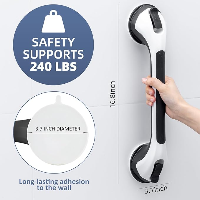 Shower Grab Bar Suction Cup 17 inch, Grab Bars for Bathtubs, Bathroom Safety Grip Shower Handle for Elderly and Seniors, Bath Handrails Removable & Reusable Waterproof, No Drilling, Black
