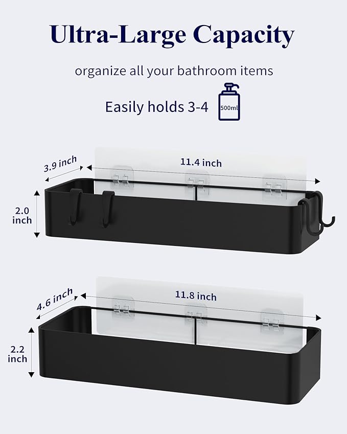 Kitsure Shower Caddy - 2 Pack Adhesive Shower Organizer, Rustproof Metal Shelves, No-Drill Bathroom Organizers and Storage, Black, Large