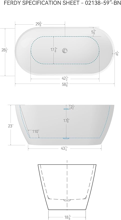 FerdY 59" Bali Elite Acrylic Freestanding Bathtub, Gracefully Shaped Freestanding Soaking Bathtub, cUPC Certified, Toe-Tap Chrome Drain and Minimalist Linear Design Overflow Included