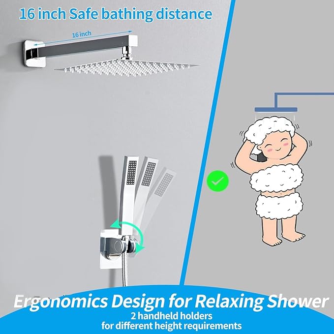 12 Inch Polished Chrome Shower Faucet Set with Rain Shower Head and Handheld Spray, Wall Mounted Rainfall Shower Head with Handheld Combo, Bathroom luxury Shower System with Valve and Trim
