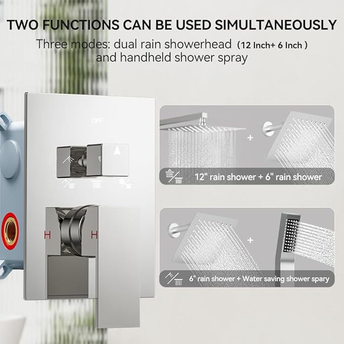 Shower Faucet Set Shower Systems, STARBATH 3 Way Shower Faucet with 2 in 1 Handheld, Ceiling Mount 12+6" Dual Rain Shower Head for Two People (6"+12" Shower Head-Handheld-Wall Mounted, Chrome)