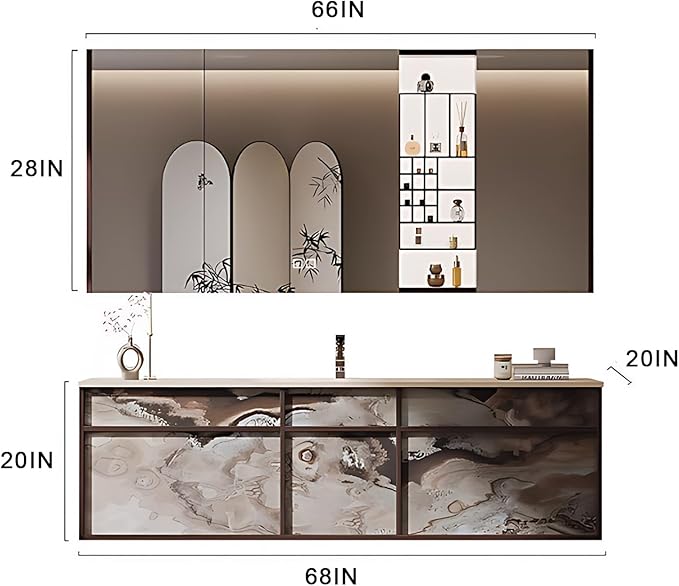 68IN Modern Bathroom Vanity with Sink - Bathroom Vanity with 2 Drawer Organizer, LED Mirror Lights & Defogging Function | Wall - Mounted Vanity with Silver Sink Faucet