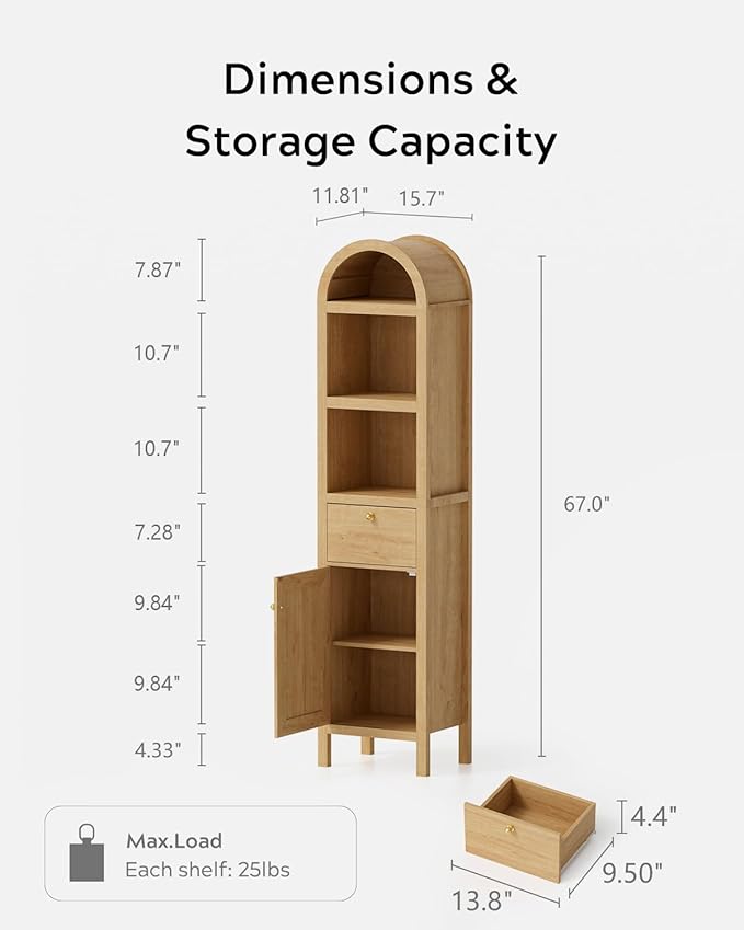 67" Tall Arched Bathroom Narrow Storage Cabinet with Adjustable Shelf, Farmhouse Freestanding Tower Cabinet with Door and Drawer, Space Saving Organizer for Kitchen, Living Room, Natural Oak