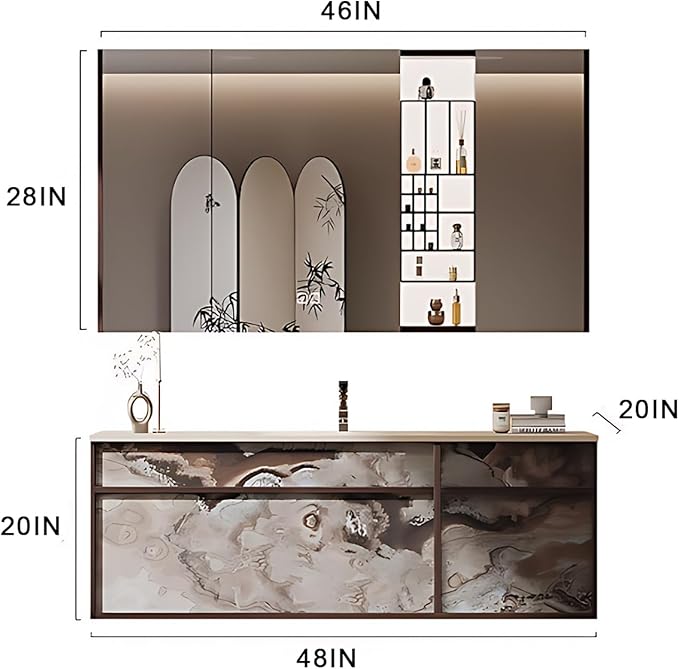 48IN Modern Bathroom Vanity with Sink - Bathroom Vanity with Drawer Organizer, LED Mirror Lights & Defogging Function | Wall - Mounted Vanity with Silver Sink Faucet