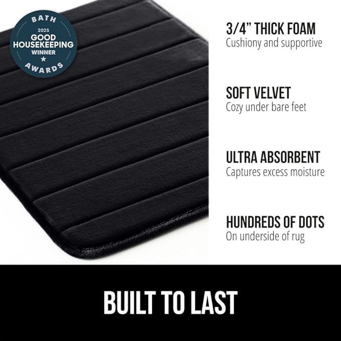 GORILLA GRIP Memory Foam Bath Mat, Soft Absorbent US Designed Bathroom Rug, Gripping Dots Machine Washable Bathmat, Cushioned Floor Mats, Shower Sink Rugs Room Décor Accessories, 60x24 Black