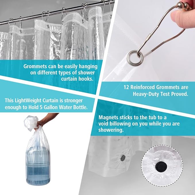 Ga-Geetopia Extra Long - 3D EVA Shower Curtain Liner Water Cube, 72x80 Inch Light Weight Plastic Bathroom Shower Curtain with Rustproof Metal Grommets and 3 Magnets for Shower Stall, Bathtubs
