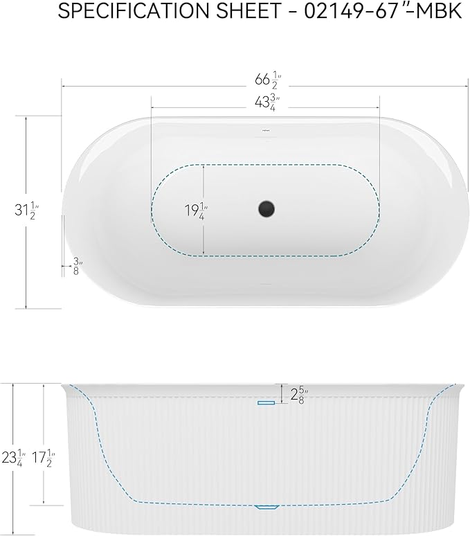 FerdY Nami 67" Acrylic Freestanding Bathtub, V Shape Freestanding Soaking Acrylic Bathtub, Modern White, cUPC Certified, Matte Black Pop-Up Drain