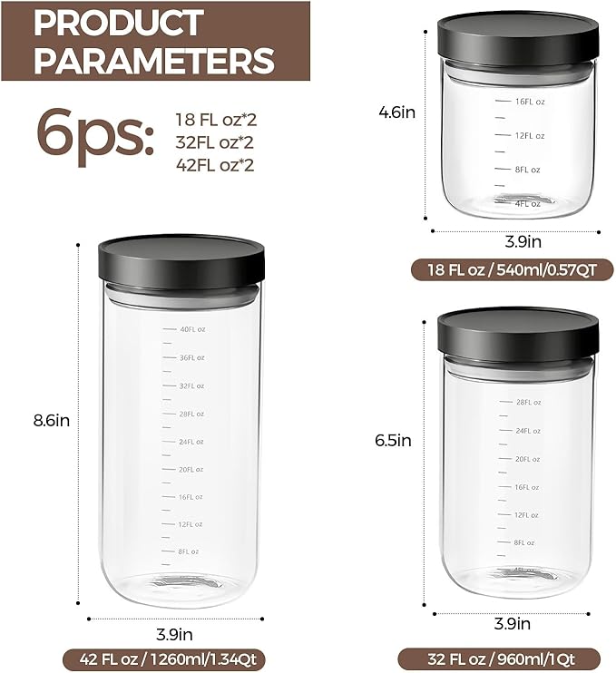 Danbark Set of 6 Mixed Sizes Airtight Glass Storage Canisters with Lids - Pantry Organizers and Storage Glass for Kitchen - for Pantry, Flour, Sugar, Coffee, Tea, Pasta, Rice, and Snacks - Black