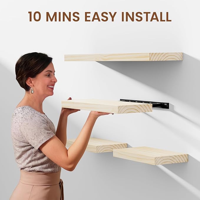 Heimlove 36 inch Floating Shelves for Wall,2 Packs Natural Pine Solid Wood Floating Shelves, 8 inches Deep Wooden Shelves for Kitchen Bedroom Office & Living Room Display Wall Decor