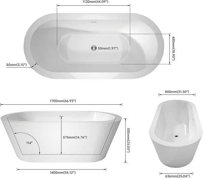 67" Acrylic Freestanding Bathtubs, Stand Alone Tub, Soaking Tubs for Bathroom, Integrated Overflow and Drain, cUPC Certified, Gloss White