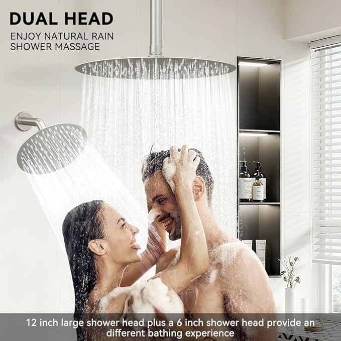 Shower Systems Shower Faucet Sets STARBATH 3 Way 12+6" Round Dual Rainfall Shower Head with Handheld Spray, Ceiling Mounted Rain Shower Valve with 5 Diverter and Trim Kit Complete, Brushed Nickel