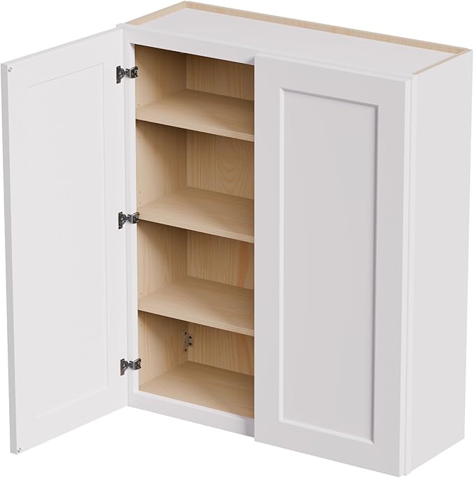 36 Inch Laundry Room Cabinets Wall Mounted, Solid Wood Over The Toilet Storage Cabinet, Bathroom Organizer Cabinets with 2 Shaker Door & 3 Shelves, Easy to Assemble for Kitchen, Garage - White