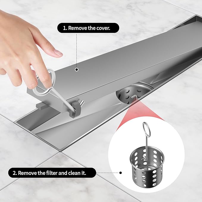 Linear Shower Drain, 304 Stainless Steel with Adjustable Leveling Feet, Hair Strainer,Reversely Install Place to Create an Invisible Floor Drain - Silver -24-Inch