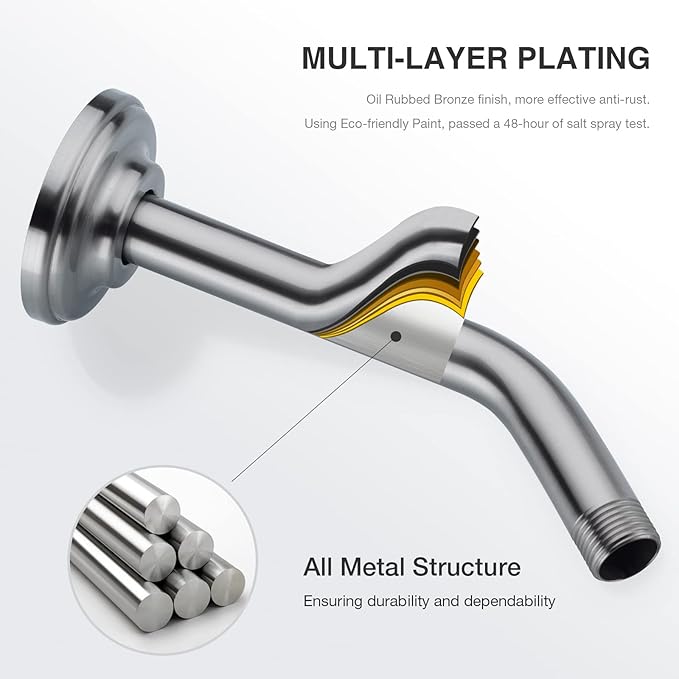 9 Inch Angled Shower Arm Brushed Nickel, Curved Shower Head Pipe with Flange, Bathroom Shower Neck Stainless Steel Wall Mounted Extension Extender Rain Rod