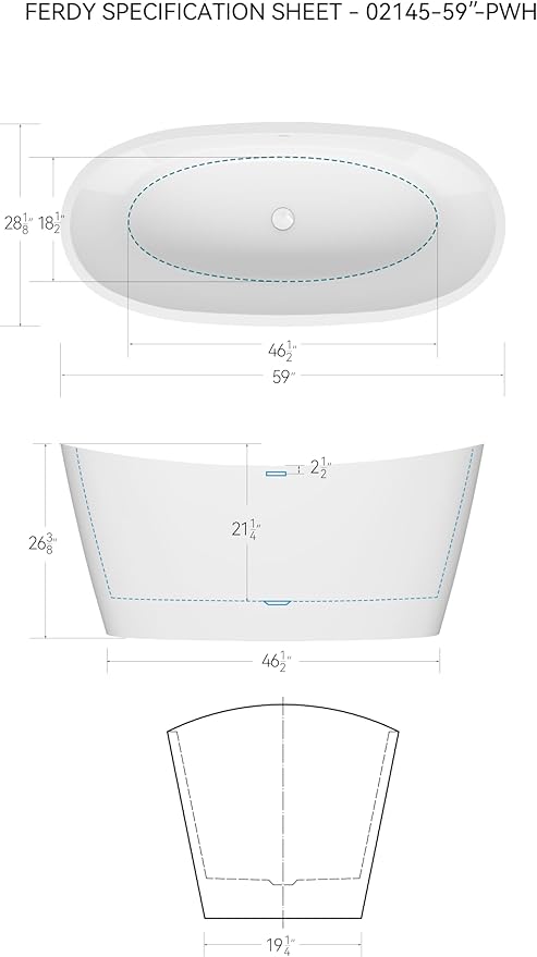 FerdY Naha Elite 59" Acrylic Freestanding Bathtub, Curve Edge Freestanding Soaking Bathtub, Glossy White, cUPC Certified, Polished White Drain & Minimalist Linear Design Overflow Included