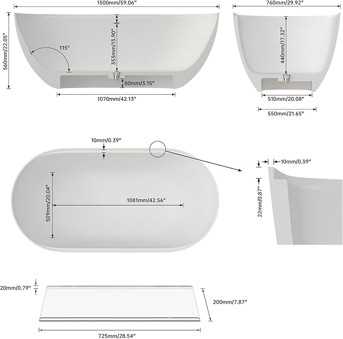 59" Premium Solid Surface Freestanding Bathtub With Acrylic Shelf, Modern Soaking Deep Stone Resin Tub with Overflow and Pop-up Drain, Matte White