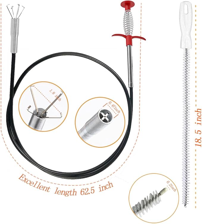 62.5inch Drain Snake Hair Clog Remover - Multi-Functional Drain Auger, Hair Catcher & Cleaning Brush for Kitchen, Bathroom, Sewer, Bathtub, Sunroof, and Dryer Vent