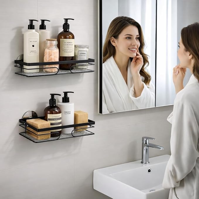 2-Pack Corner Shower Caddy – Rust-Resistant Wall-Mounted Bathroom Organizer with Included No-Drill Adhesives for Shampoo, Soap & Toiletries - Black (1-Layer, Rectangle)