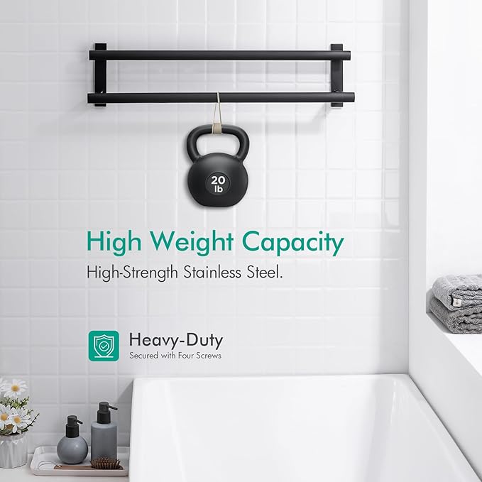 BAGNOLUX Double Towel Bar, SUS304 Towel Racks for Bathroom Wall Mounted 2-Tiers Ladder Towel Rails, Space Saving Bathroom Towel Holder Shelves Rack, Long Towel Hanger (24"-Square-Matte Black)