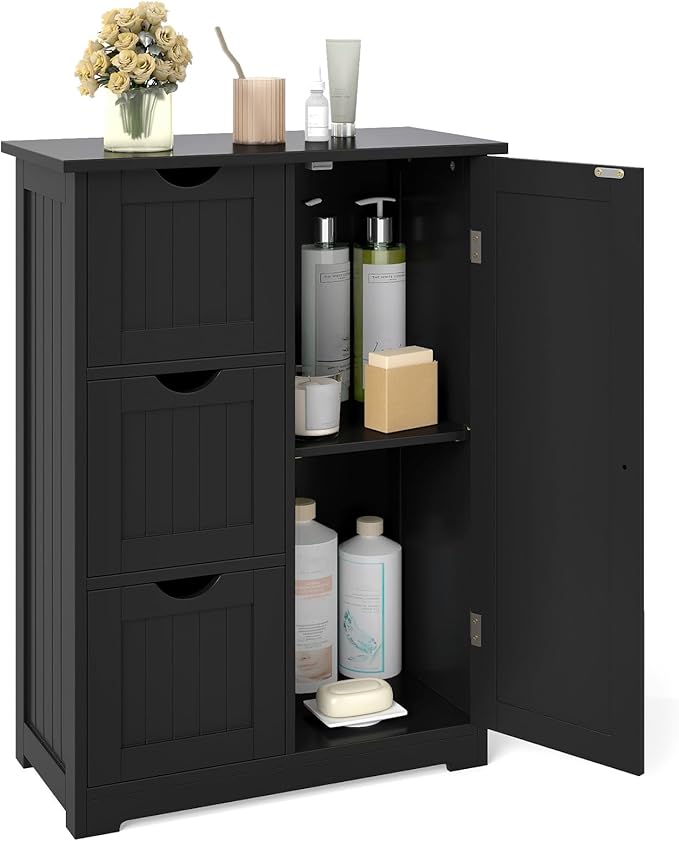 Tangkula Bathroom Floor Cabinet, Freestanding Storage Cabinet with 3 Drawers & Single Door, Adjustable Shelf, Multipurpose Bathroom Storage for Home Office, 23.5 x 12 x 32 Inches (3 Drawers, Black)