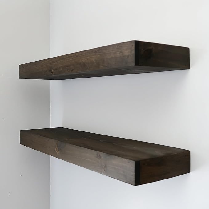 Urbandi Modern Floating Shelves 3 Inches Thick for Wall, Wide Shelves for Kitchen, Living Room, Bedroom, and Bathroom, Natural Pine Wood, Rustic Wooden Shelf, (Set of 2) (Jacobean, 60Lx3Hx6D)