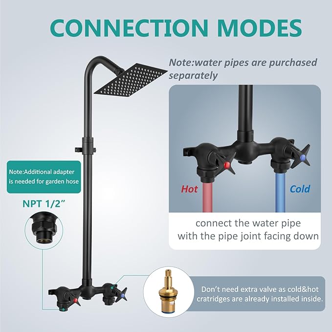 Aolemi Outdoor Shower Kit Fixtures 6 Inch Center with Adjustable Slide Bar,6 Inch Showerhead,2-Handle with Mix Valve,Matte Black