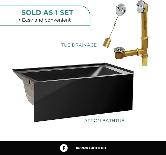 Fine Fixtures Acrylic, Fiberglass Alcove Soaking Bathtub with Integral Apron Front - Drain Included (48" x 32", Right Hand, Black)