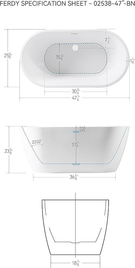 FerdY 47" Bali Acrylic Freestanding Bathtub with Headrest, Gracefully Shaped Freestanding Soaking Bathtub, cUPC Certified, Toe-Tap White Drain & Overflow & Bath Pillow Included