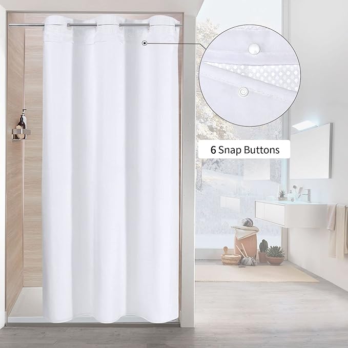 MitoVilla White Waffle Small Stall Shower Curtain Liner Set 36 x 74, No Hooks Required Half Size Narrow Fabric Shower Curtain with Snap-in Liner for Modern Farmhouse Bathroom Decor