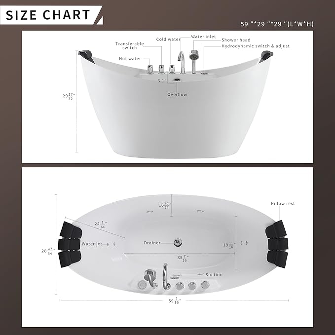 Empava 59" x 28" Freestanding Whirlpool Tub with Center Drain,560W Stand Alone Bathtub with 8 Hydromassage Jets, Unique Boat-Shaped,Acrylic,ETL Certified