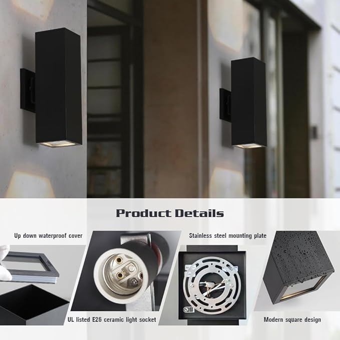 Cerdeco Aluminum Modern Outdoor Wall Light, Exterior Up Down Light Fixtures Matte Black [UL Listed] (2 Pack)