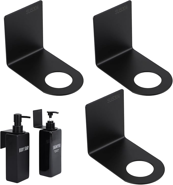 Segbeauty Stainless Adhesive Bottle Holder, 3Pcs Bathroom Bottle Dispenser Holder, Dia 1.1in 2.8cm Lotion Bottle Wall Mount, Rustproof Shampoo Bottle Holder Wall Hanging Rack for Kitchen Toilet Black