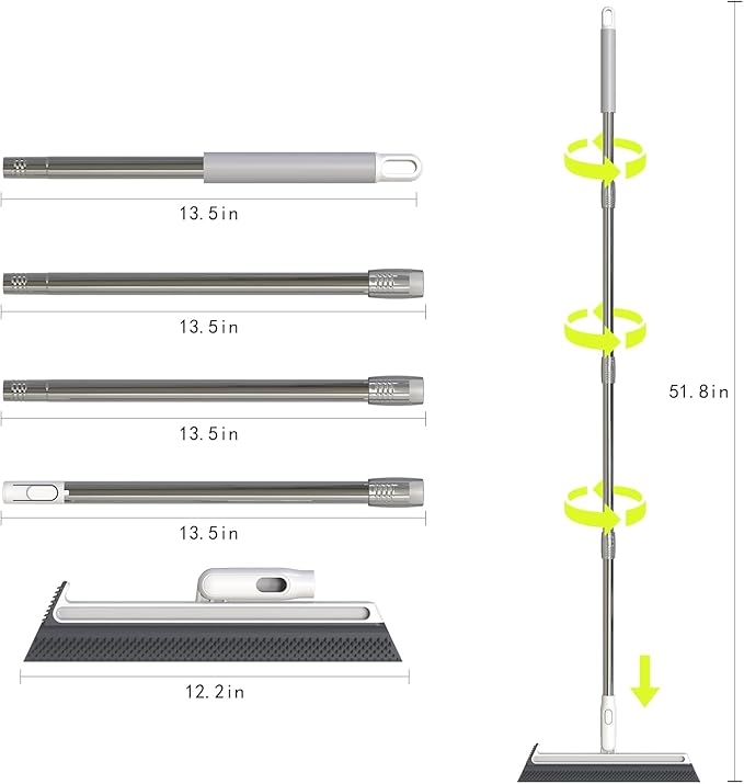 Squeegee Broom for Floor, Floor Squeegee for Concrete and Tile Cleaning, Floor Scrubber with Long Handle for Bathroom, Kitchen, Shower, Tile, Pet Hair, Fur, Foam Cleaning
