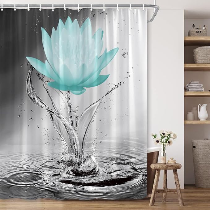 Lotus Shower Curtain Black White Grey Teal Flower Elegant Blooming Floral with Dew Spring Flower Reflection on Water Modern Romantic Polyester Fabric Bathroom Decor 70×84 Inch with Hook