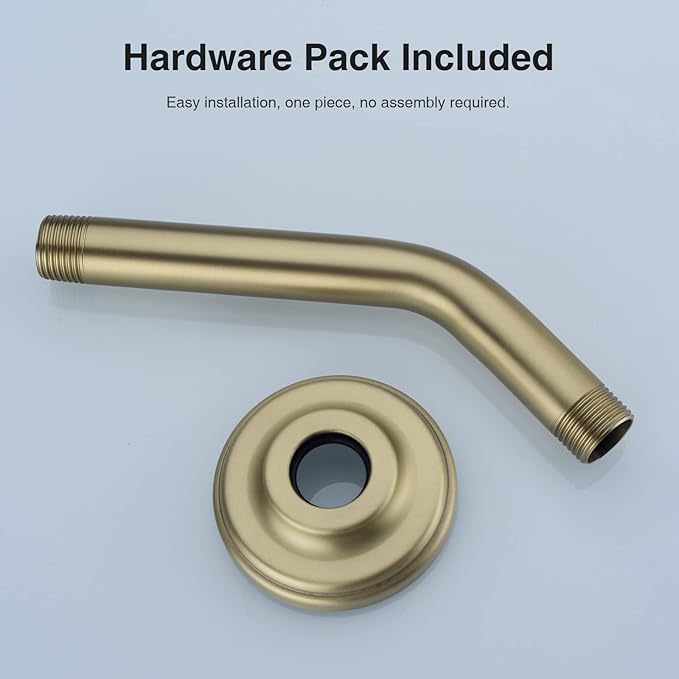 6 Inch Brushed Gold Angled Shower Arm with Flange, Stainless Steel Curved Shower Head Pipe Wall Mounted Extension Shower Neck Rain Rod