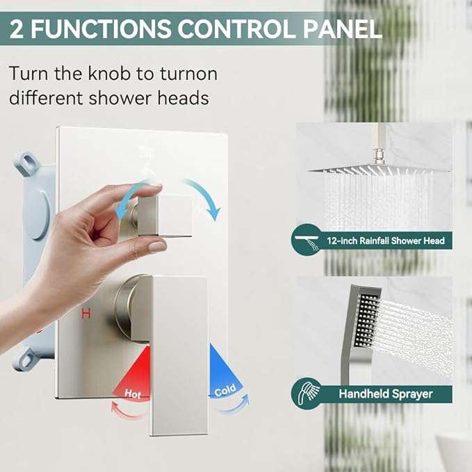 Shower Faucet Set Brushed Nickel Shower System, Starbath 12 Inch Rain Shower Head and Handheld Spray Shower Set Complete Ceiling Mounted,2 Way Pressure Balance Shower Valve and Trim Kit Included