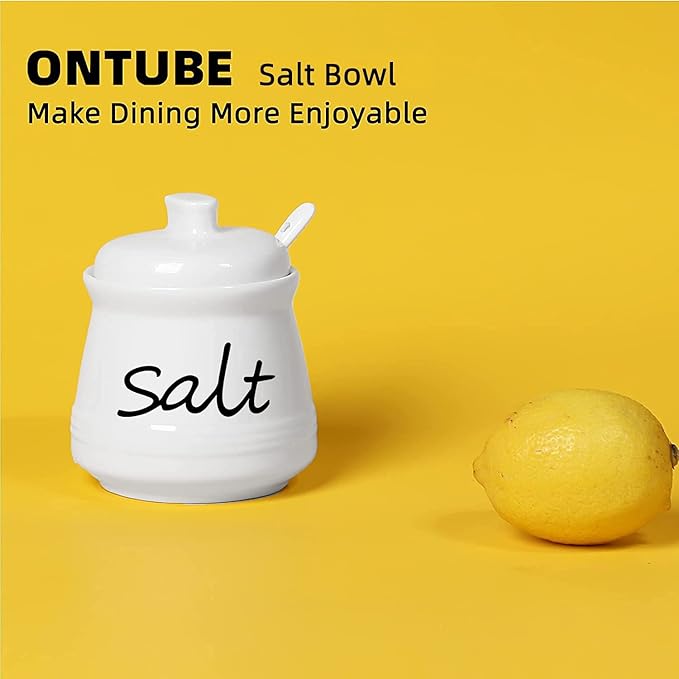 ONTUBE Ceramic Salt Bowl with Lid and Spoon 12oz (White)