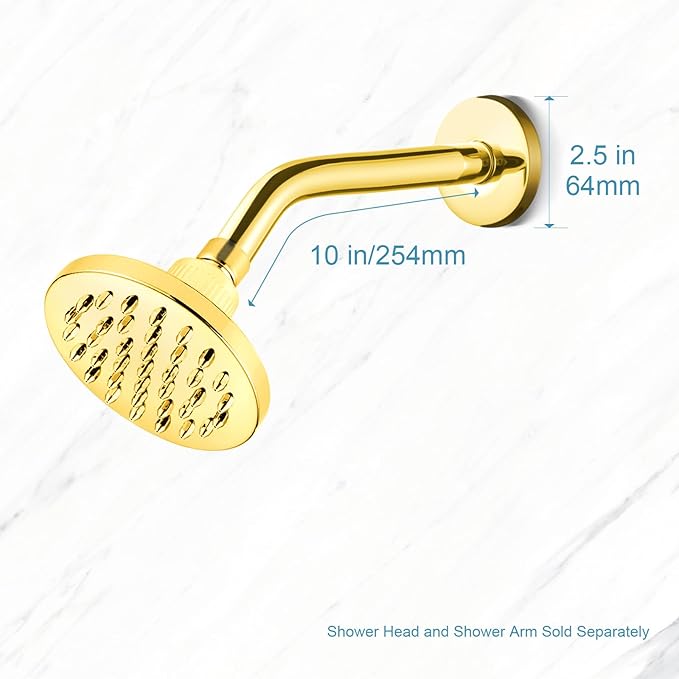 OFFO Shower Arm with Flange, 10 in Bright Gold Wall Mount Replacement Angle Shower Head Arm Wall-Mounted For Fixed Shower Head & Handheld Showerhead