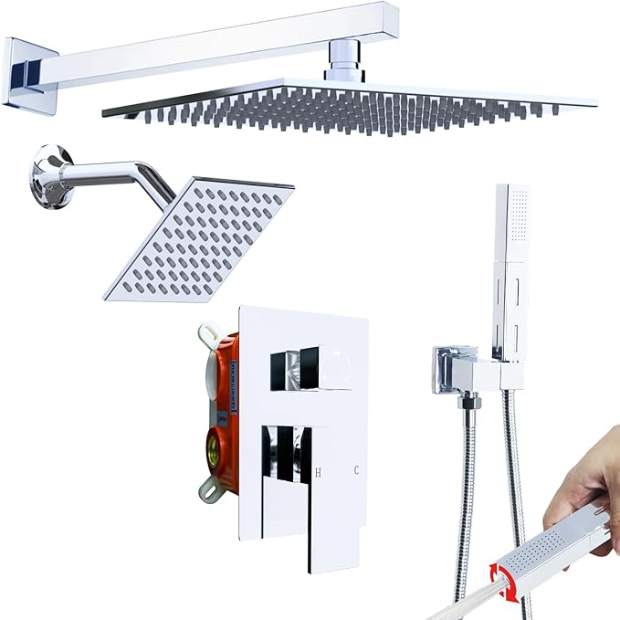 ENGA Shower Faucet Set, Dual Head Shower System 10" & 6" Square Rain Shower Heads with 2 in 1 Handheld Spray, 3 Way Water Diverter, Chrome